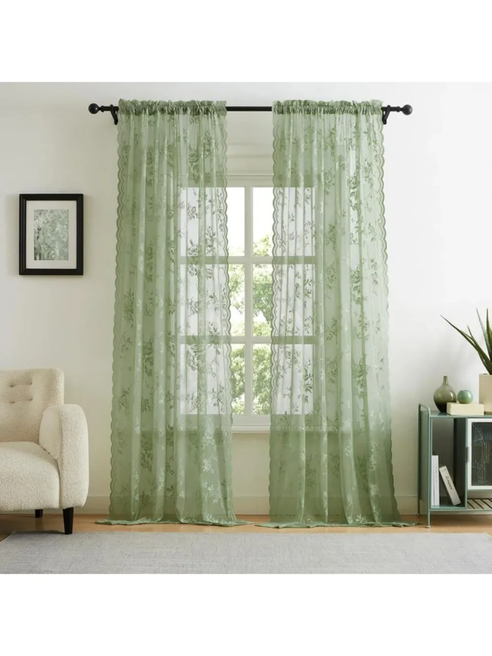 Sage Green Floral Lace Curtains 84
